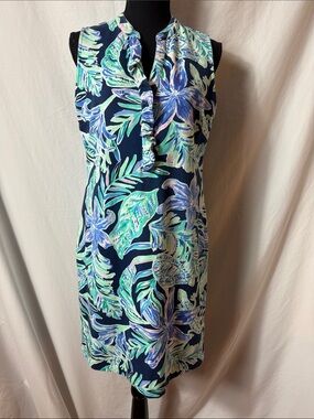 Lilly Pulitzer Navy Tropical Ruffle V-Neck Midi Dress - Blue & Green